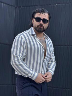 پیراهن لینن کنفی آستین بلند راه راه  سرمه ای  A