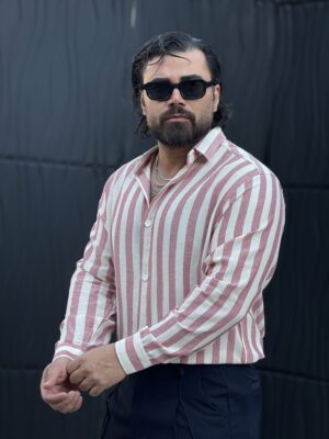 پیراهن لینن کنفی آستین بلند راه راه  زرشکی  A